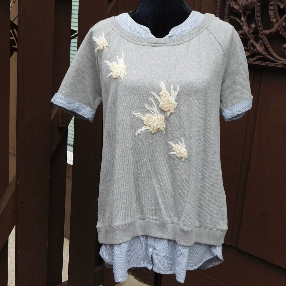 Anthropologie L Floreat Layered Bird Embroidered Beaded Sweatshirt NEW